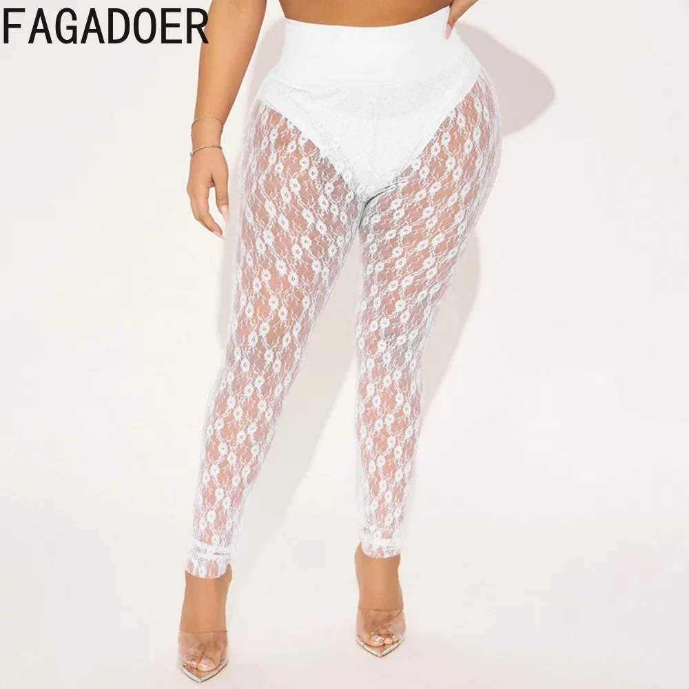 FAGADOER Sexy Lace Patchwork Bodycon Pants Women Solid Color Hollow-out See Through Pants Female Streetwear Bottoms Spring New