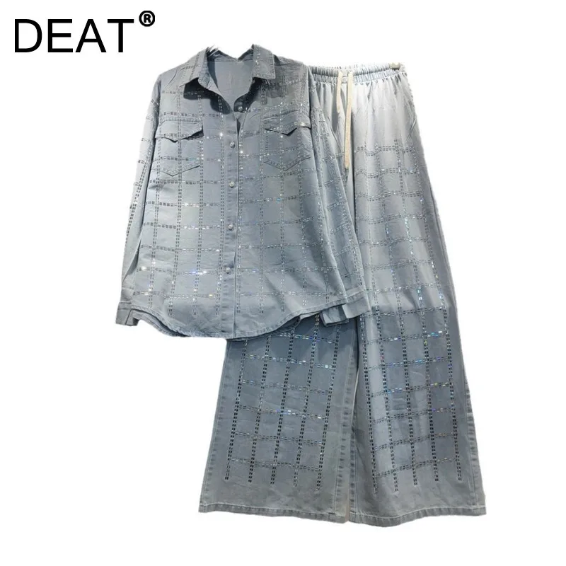 DEAT Women's 2 Pcs Set Denim Thin Loose Shirt Elastic Waist Wide Leg One Side Plaid Rhinestone Pants 2024 New Fashion Autumn