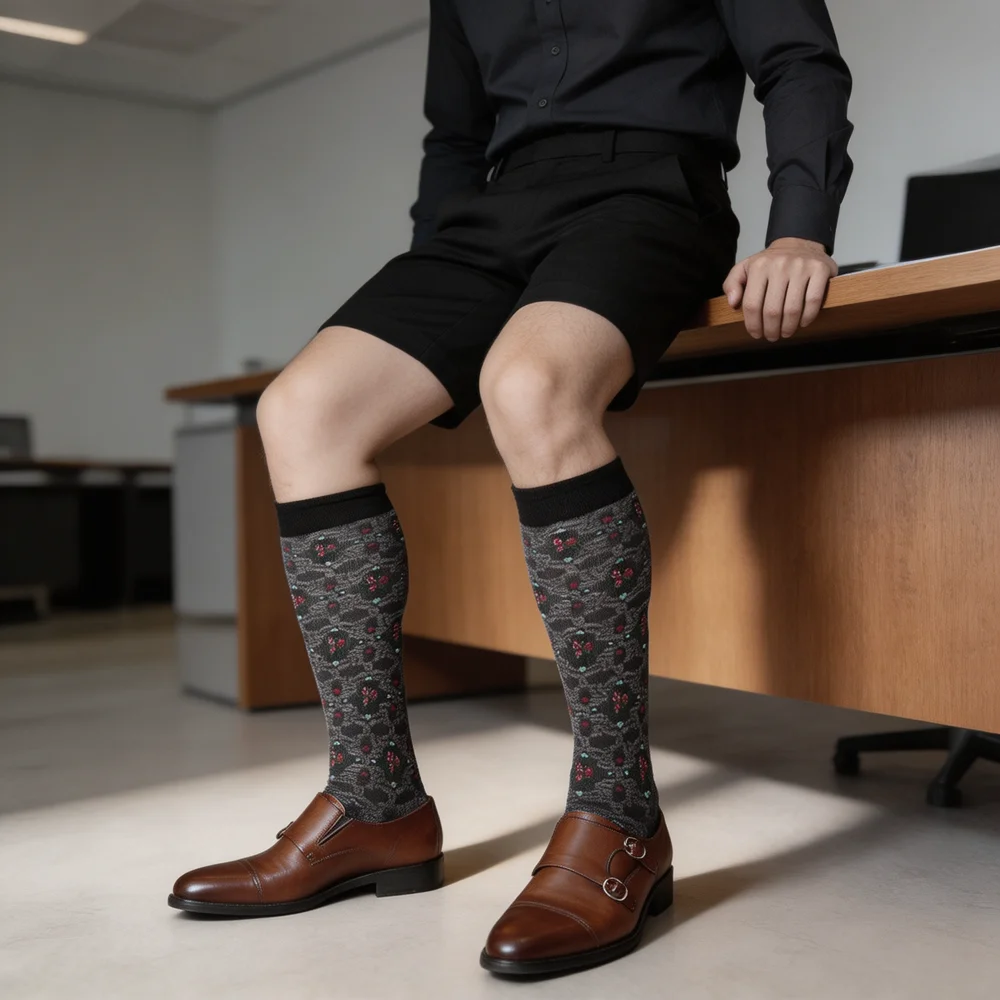 Men's Floral Pattern Knee High Dress Socks Vintage Business Formal Over The Calf Cotton Blend Fashion Socks for Suit