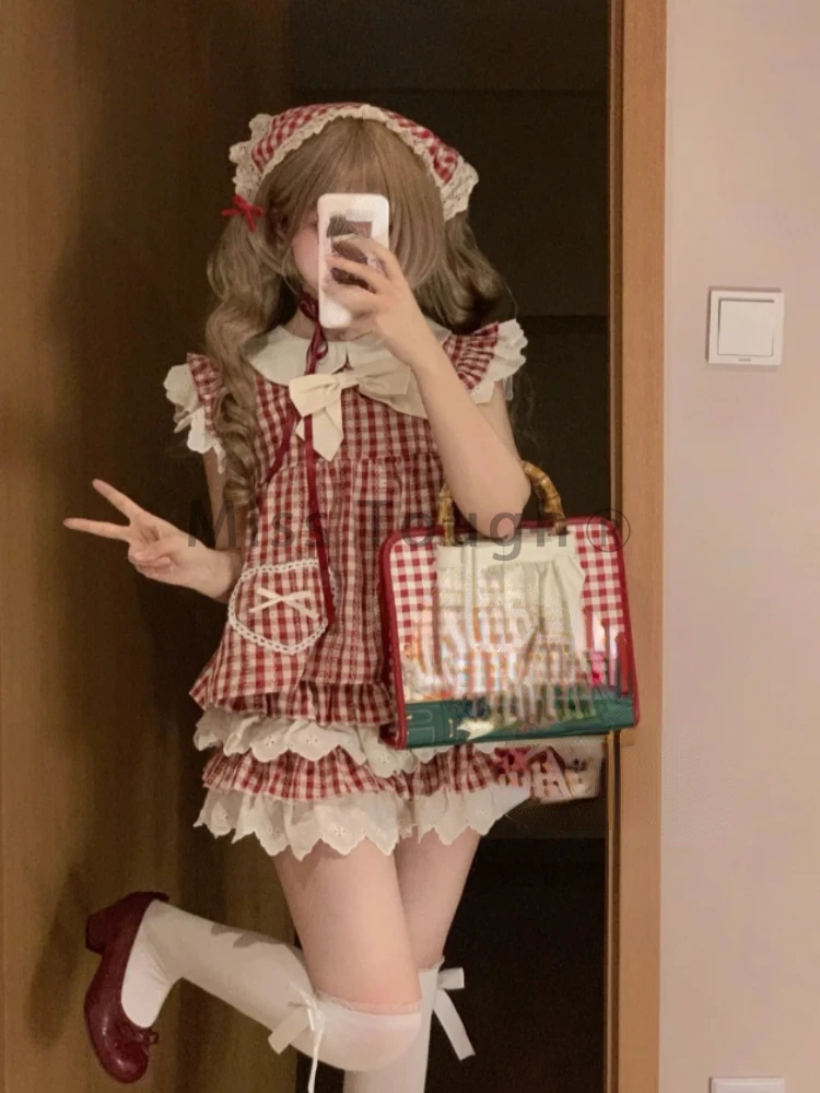 Conjunto de ropa Kawaii LolitaTwo para mujer, Tops de encaje a cuadros + minifaldas de pastel para mujer, traje ajustado de retazos Y2k, 2024