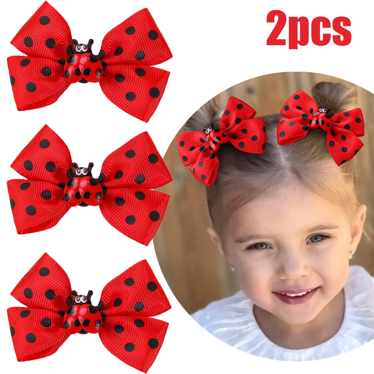 Pinces à cheveux avec nœud coccinelle pour petites filles, 2 pièces, imprimé de points, décoration de cheveux pour enfants, épingle à cheveux, accessoires, couvre-chef