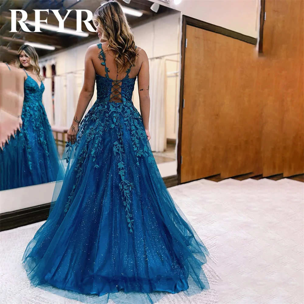 RFYR Navy Blue Prom Dress Scoop Appliques Evening Party Dress A-Line Floor Length Elegant Sleeveless Tulle Party Gown Customized