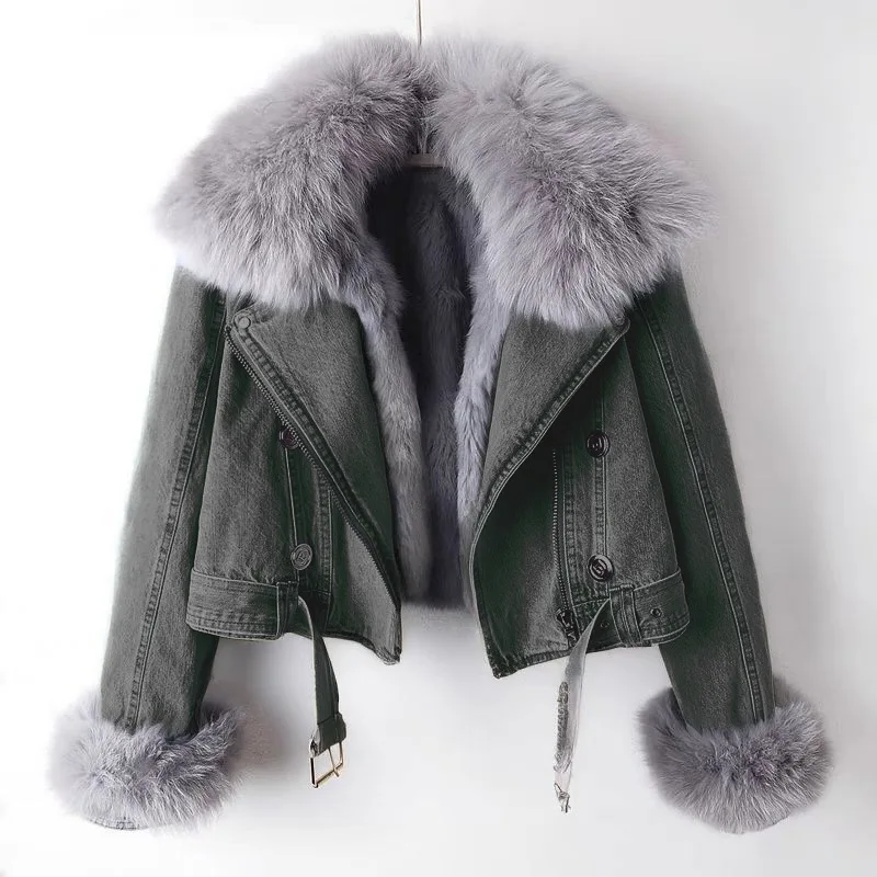 AW New Women Faux Fox Fur Collar Jean Coat Winter Jacket Female Short Warm Parkas Rabbit Hair Lining Outwear Fashion Overcoat view 6