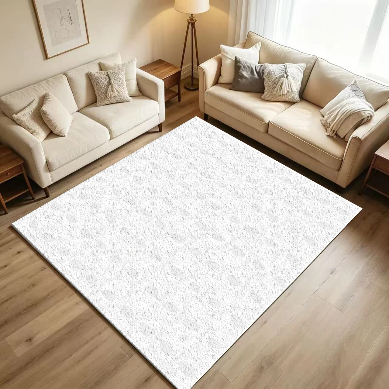 Minimal White Subtle Abstract Oval Texture Carpet Flooring Gentle Light Tone Delicate Irregular Spot Seamless Pattern Printed Floor Rug for Household Indoor Simple Home Decor