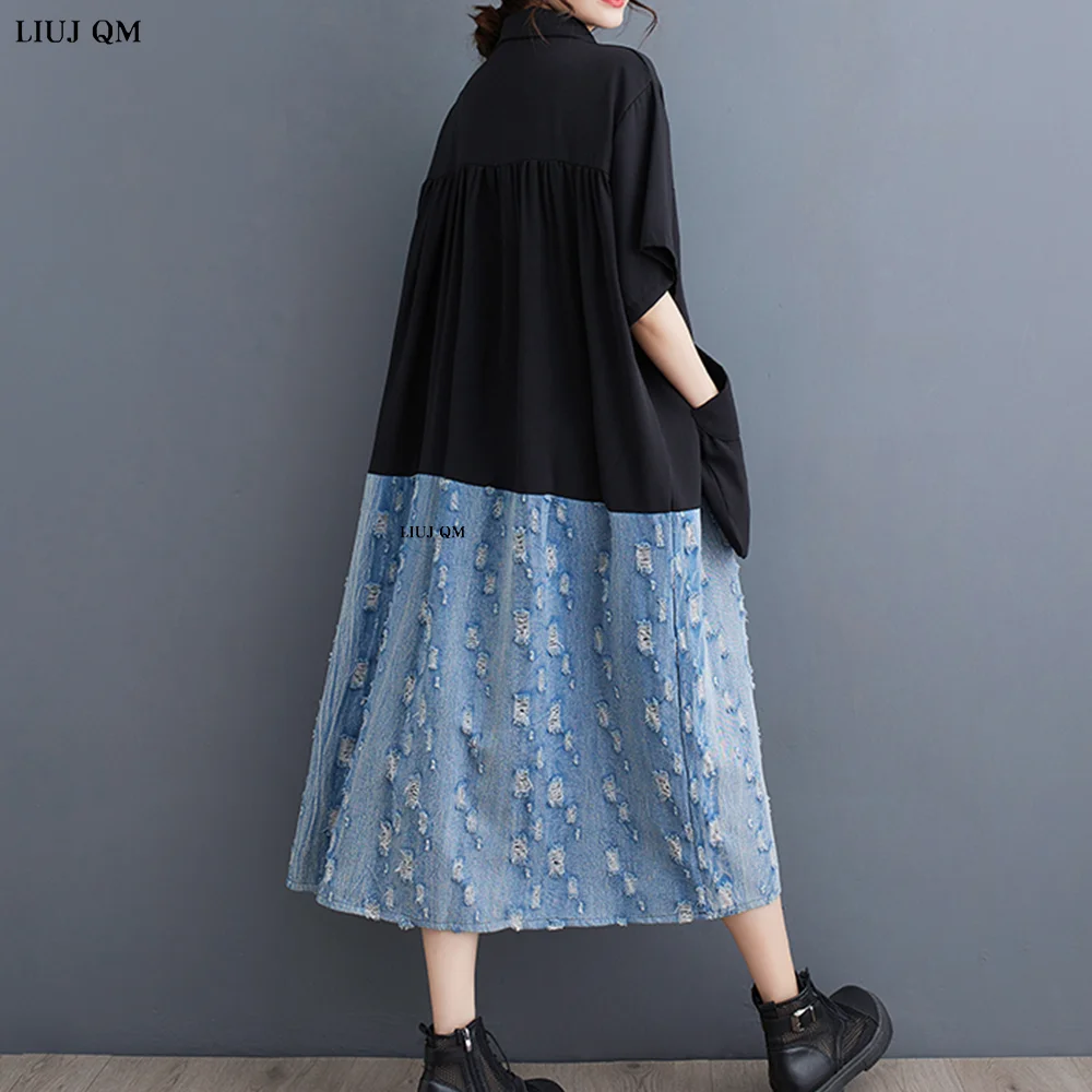 Plus Size Patchwork Denim Dresses For Women Lapel Short Sleeve Single Breasted Spliced Pockets Hit Color Loose Midi Dress Female