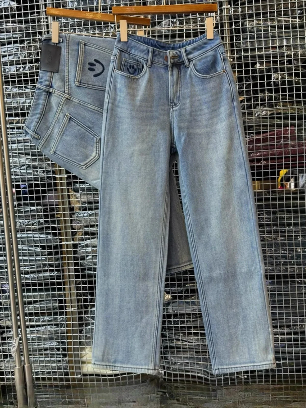

Thickened Fleece Warm Denim Jeans Women Winter Light Blue Narrow Wide Leg Pants Drapey Straight Floor-Length Trousers