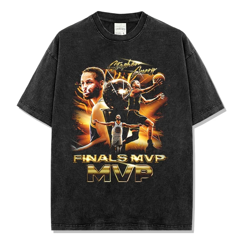 

Retro Acid Washed Stephen Curry Finals MVP Graphic T-Shirt Gold-Themed Print Loose Fit Trendy Men's Basketball Fashion Top