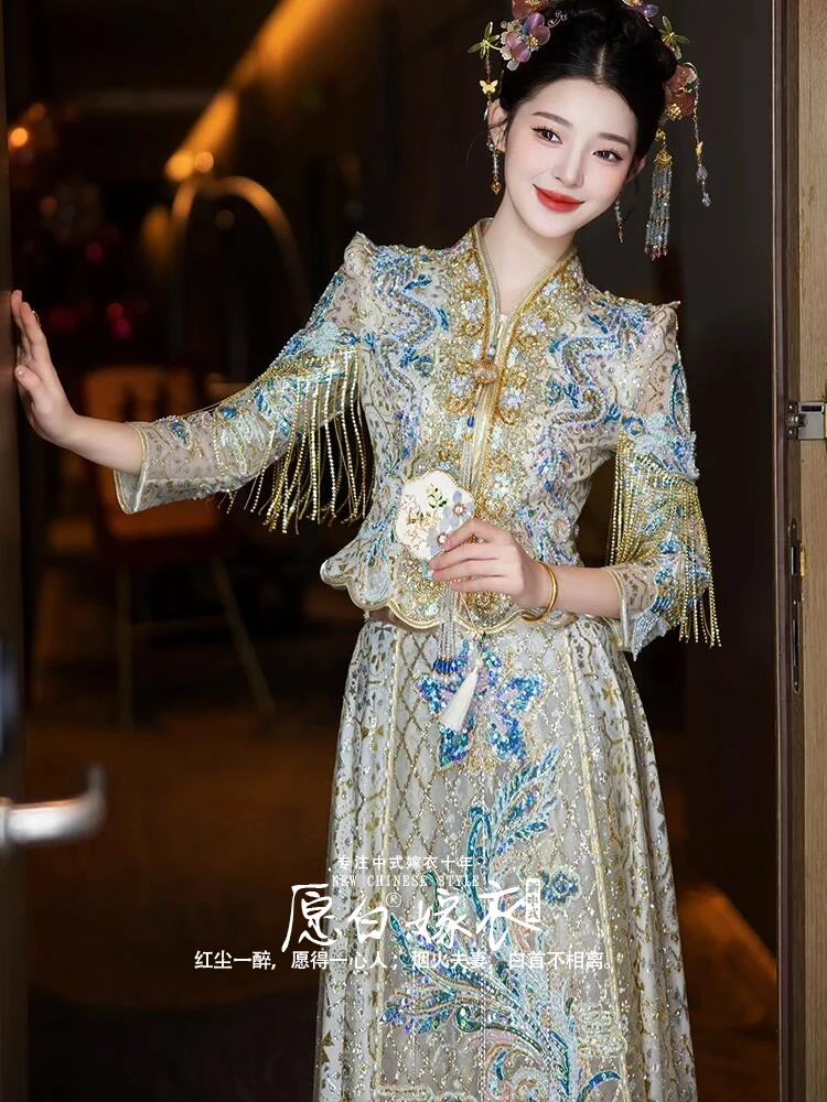 

Светлое сетчатое платье Xiuhe с золотым покрытием, свадебное платье, новинка 2025, женский наряд для тостов в китайском стиле