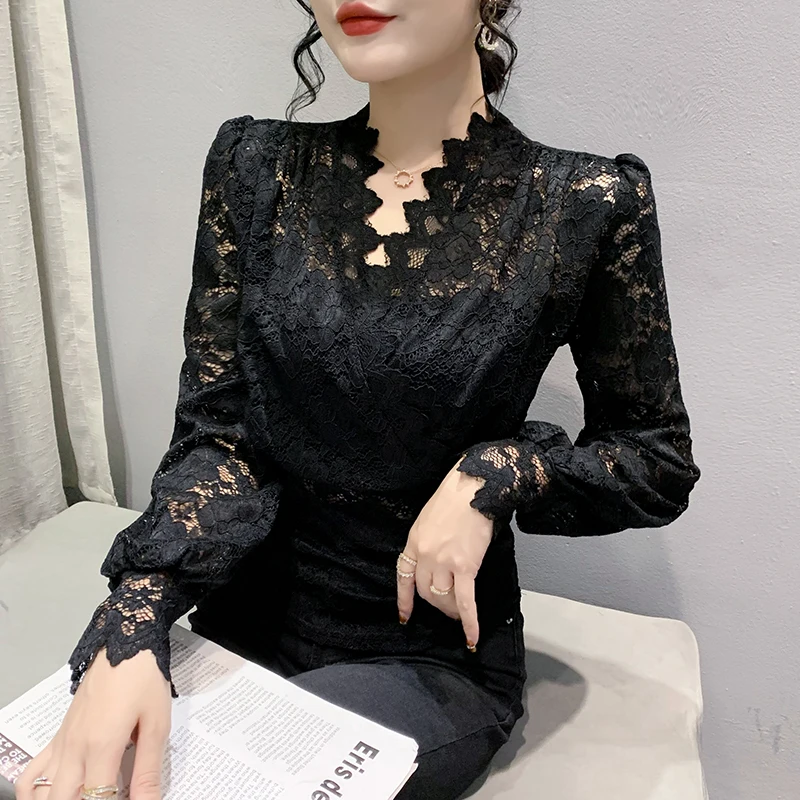 New Korean Fashion OL See-through Lace TShirts Women Sexy Tops Female Girls Nice Clothing Ladies Aesthetic Bishop Sleeve Clothes