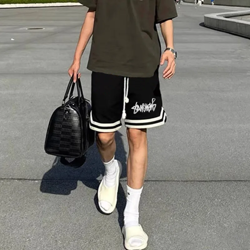 

American Hiphop Streetwear Baskeall orts Men's Summer Casual Loose Straight Five-Quarter Length Breathable Faion Trousers