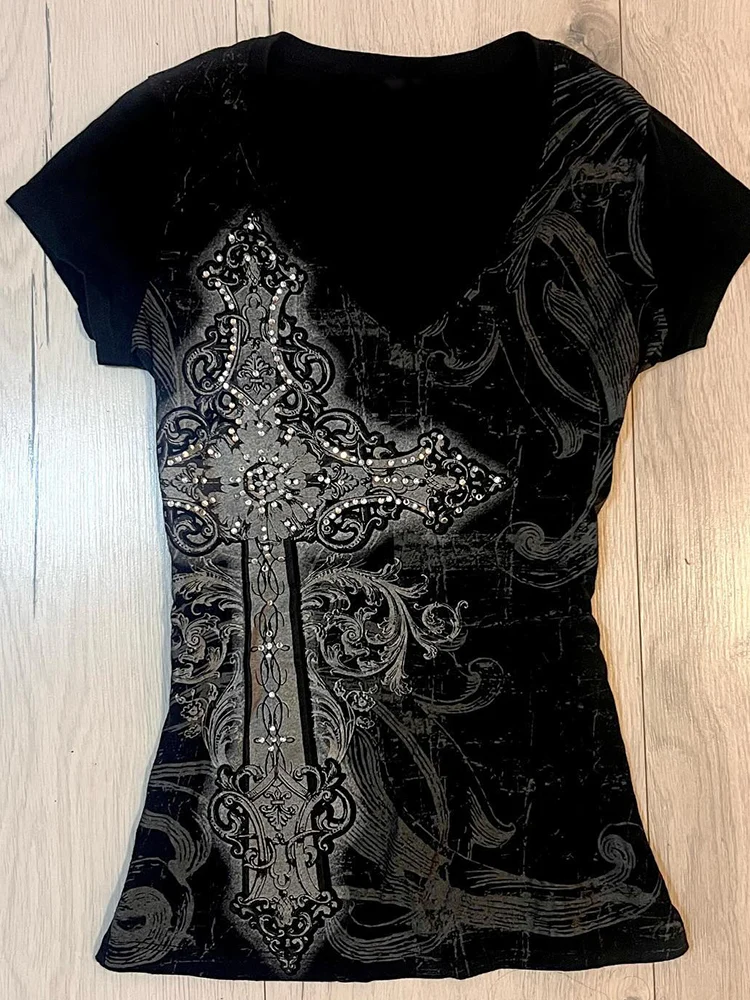 

Floral Print Slim Fit ort Sve V-Ne Bla T-irt Retro American Design Waist-Cinching Faionable Summer Top for Women