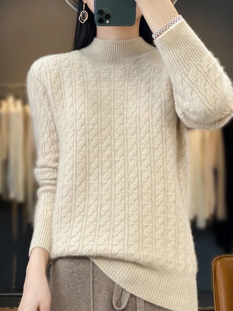 Addonee Women Cashmere Sweater 100% Merino Wool Pullover Mock Neck Knitwear Soft Thick Warm Jumpers Autumn Winter Tops Clothing