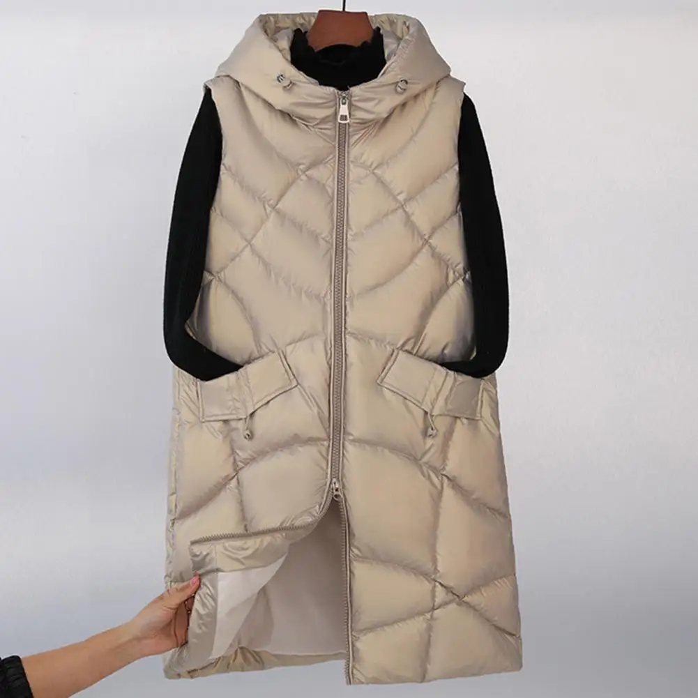 Autumn Winter Women Cotton Coat Jacket Cold Resistant Stand Collar Mid Length Sleeveless Hooded Vest Padded Zipper Female Coat