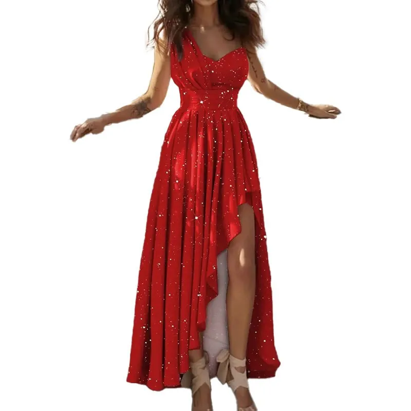 Asymmetrical Hem Dress Pleated Dress Slim Fit Office Style with V Neckline Irregular Hem Maxi Length Daily Summer for Women