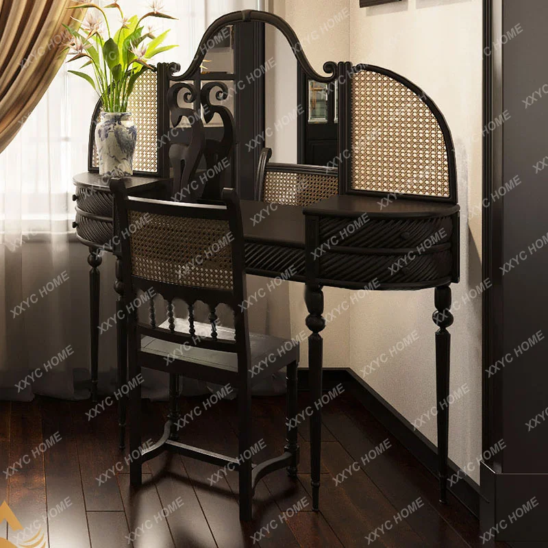 

Vintage Solid Wood Dressing Table with Carved Flowers, Rustic Rattan Woven Mirror, Villa Dressing Table, Makeup Table