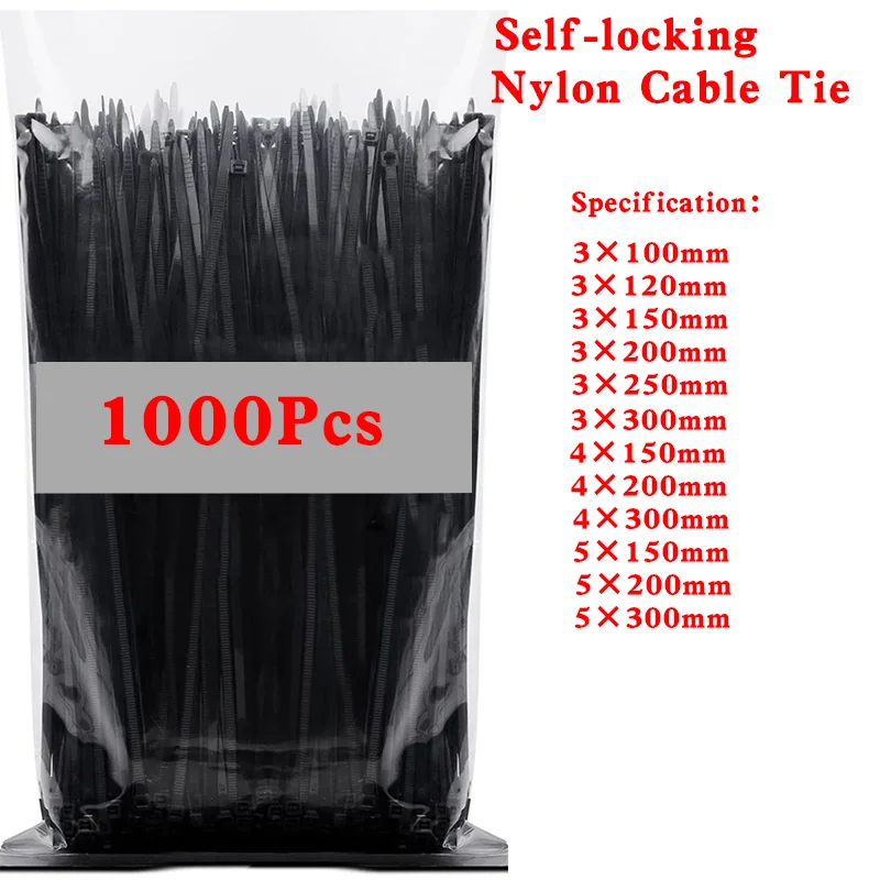 

1000Pcs Self-locking Plastic Nylon Cable Tie White/Black 3*100mm Cable Tie Fastening Ring 4*200mm Cable Tie Zip Wraps Strap Tie