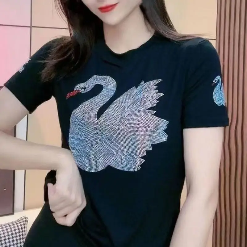 Summer Thin Casual Pullovers Ladies Fashion Diamonds Women\'s Clothing All-match Short Sleeve Tops Trend Solid Color T-Shirts