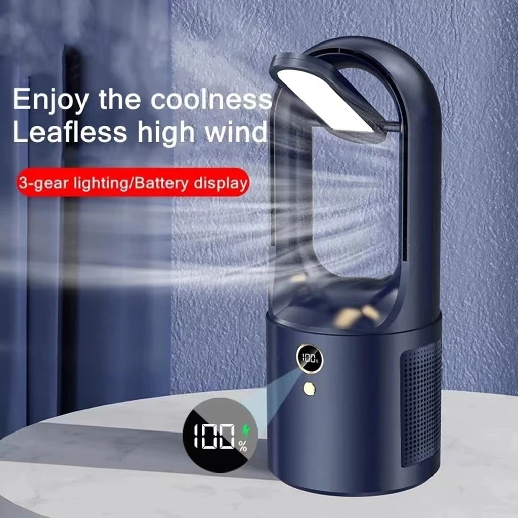 2024New Home Use Electric Bladeless Table Fan Cooler USB Charging Portable Wireless Mini Cooling Fan Ultra Quiet LED Night Light