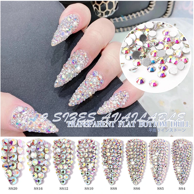 

1440Pcs/Bag AB Clear Round Mini Nail Diamonds, SS3-SS20 Flat Back Non-Hotfix Nail Crystals, Glass Rhinestones for Manicure DIY C