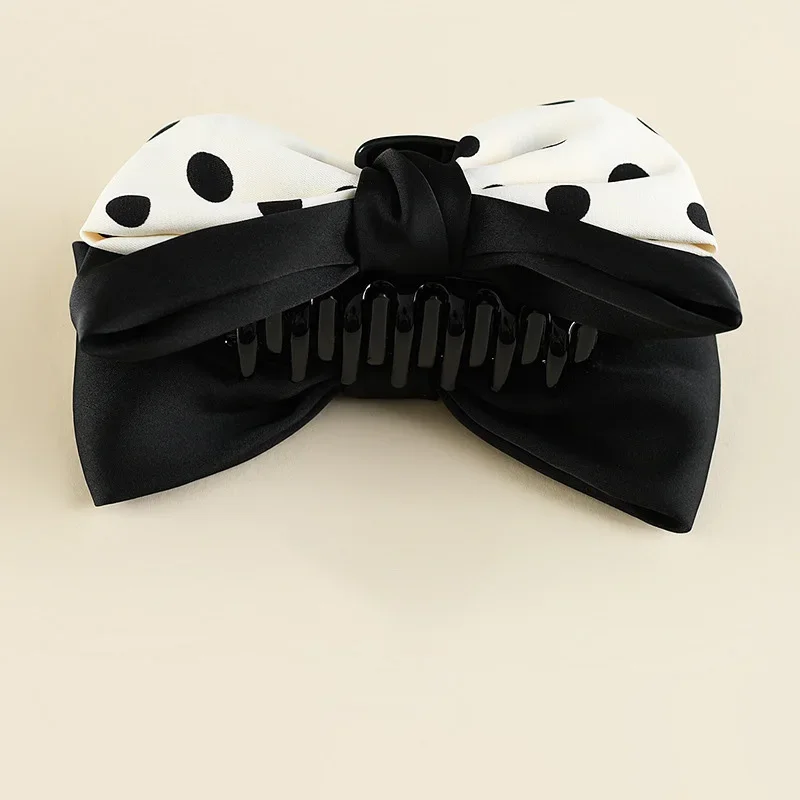

New Satin Black Polka Dot Bow Hair Clip Women's Advanced Spring Clamp Back of Head Hair Accessories Professional Salon Fixation