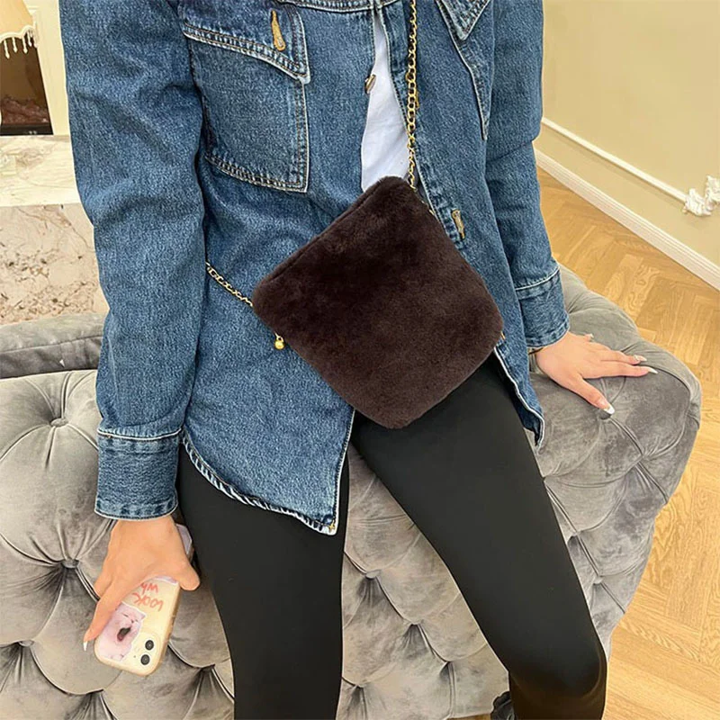 

2023 Women's Mini Diagonal Straddle Bag Lamb Hair Shoulder Bag Winter New Fashion Casual Phone Bag Birthday Gift