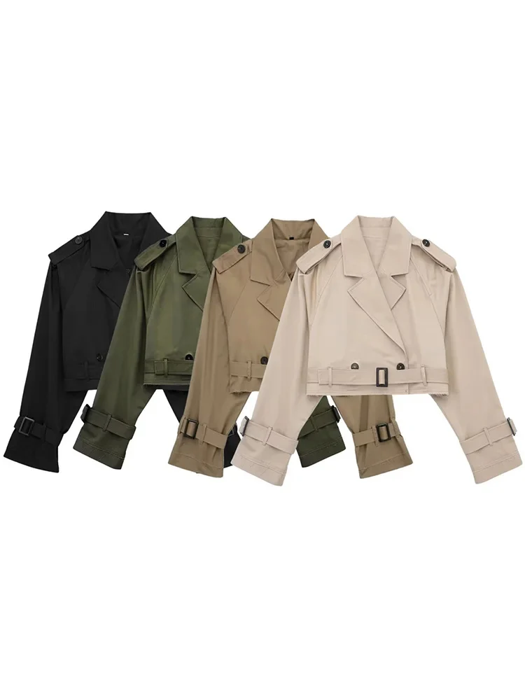 HH 2025 Women Belt Cropped Trench Spring Jacket Vintage Streetwear Double Breasted Long Sleeve Top Female Coat Outfits