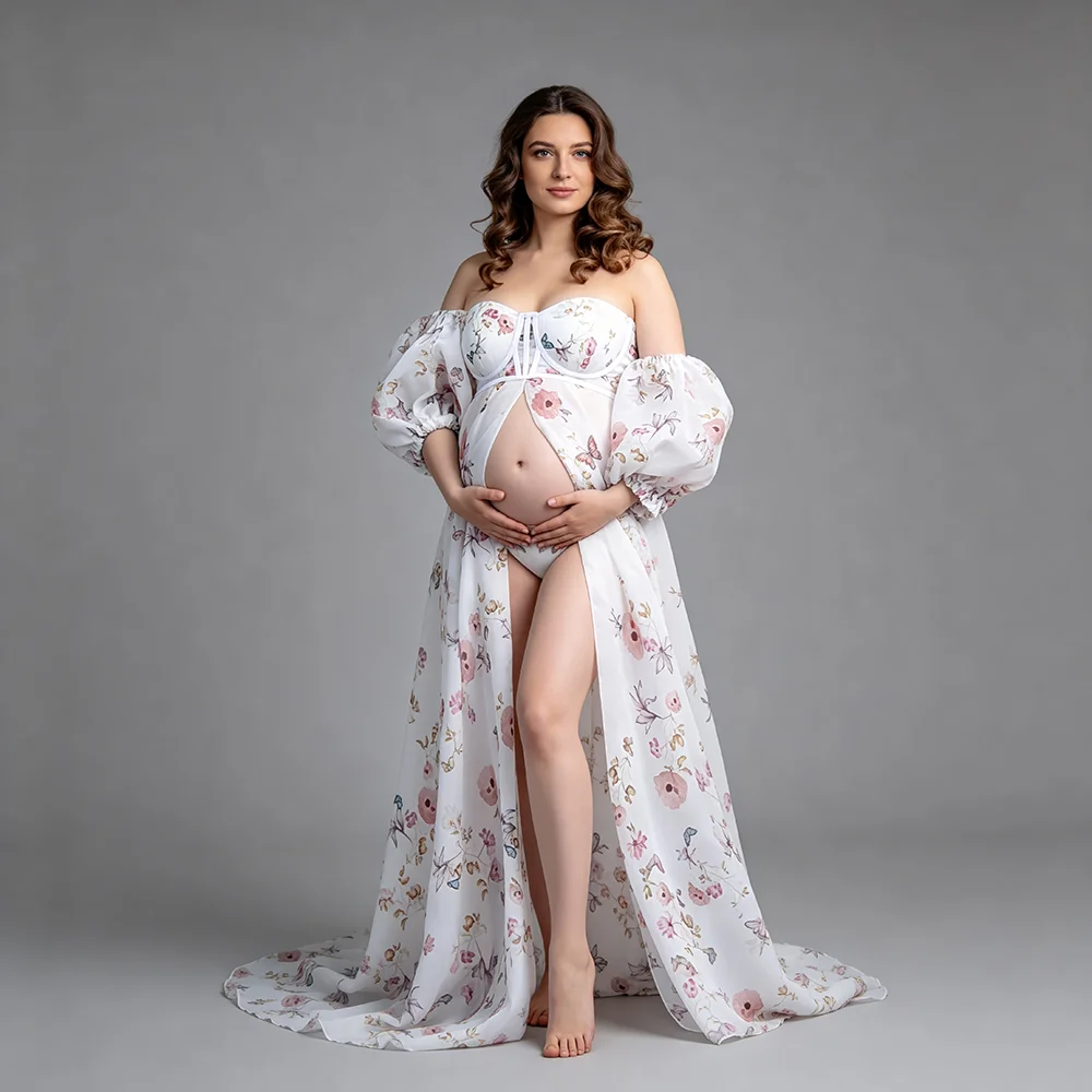 

Maternity Photoshoot Printing Floral Organza Dresses Pregnant Gown for Baby Shower