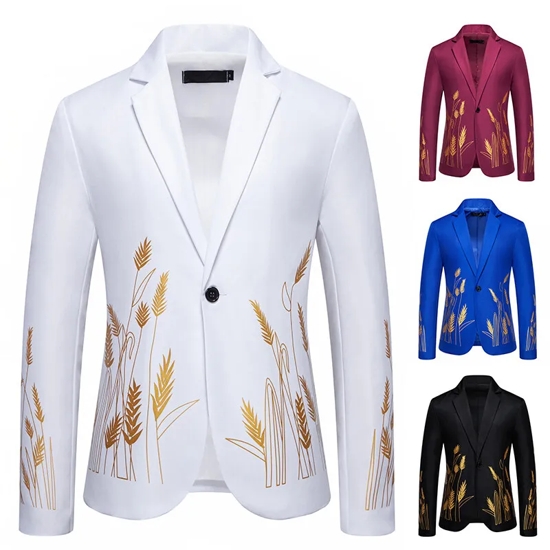 

2025 New Royal Blue Court Style Wheat Print Design Blazer for Men, White/Burgundy Casual Men's Suit Jacket, European Size M-3XL