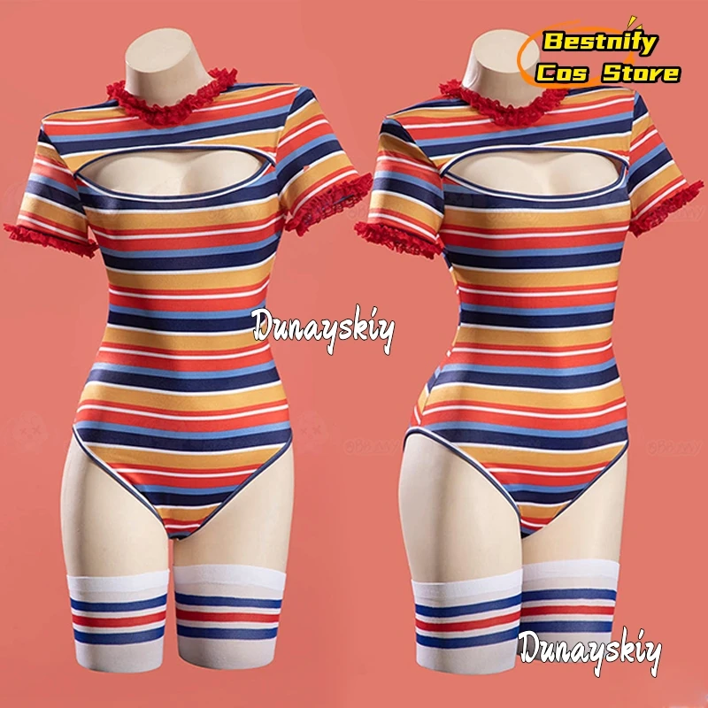 المرأة القاتل دمية زي الهالوين التأثيري {Bestnify Cos} القوطية ارتداءها متعدد الألوان مخطط انقطاع ارتداءها وزرة جوارب #5