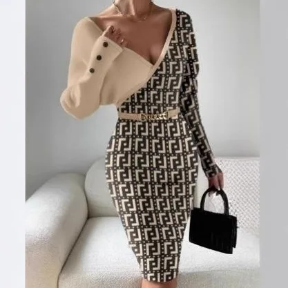Women's Chain And Button Decor Colorblock V-Neck Long Sleeve Knit Sweater Dress Slim Fit Midi Dress 2025