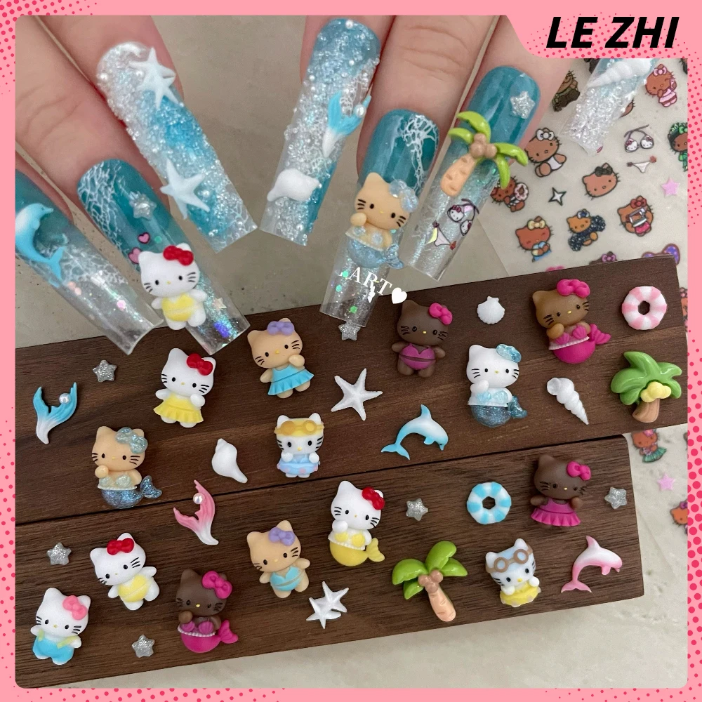

Sanrio Hello Kitty Ocean Series Nail Art Decorations Black Skin Mermaid Coconut Tree Dolphin Swimming Ring Diy Nail Charms