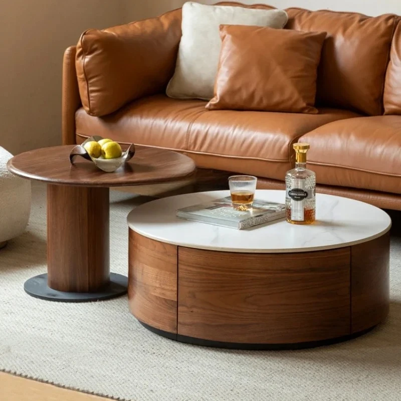 zxSolid Wood Coffee Table Simple Stone Plate round Tea Table Living Room Black Walnut Tea Table Designer