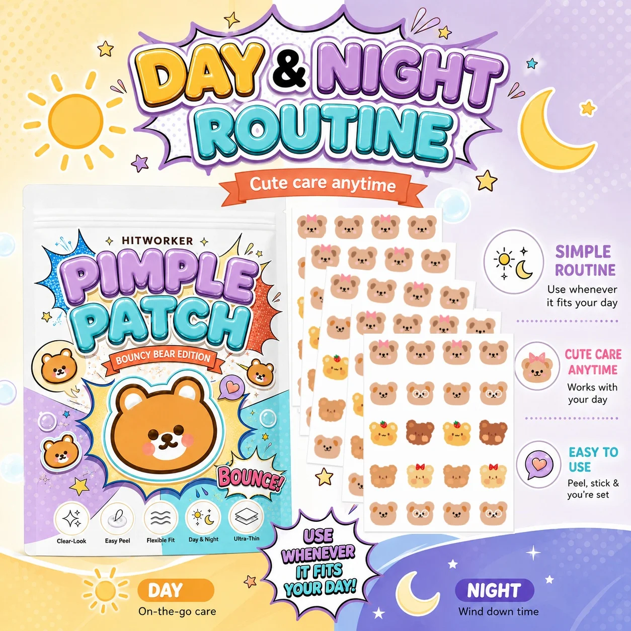 100/200/300Pcs Cute Bear Face Patches, Cartoon Bear-Shaped Skin Care Stickers, Comfortable Fit, Easy Peel Design for Daily Beaut
