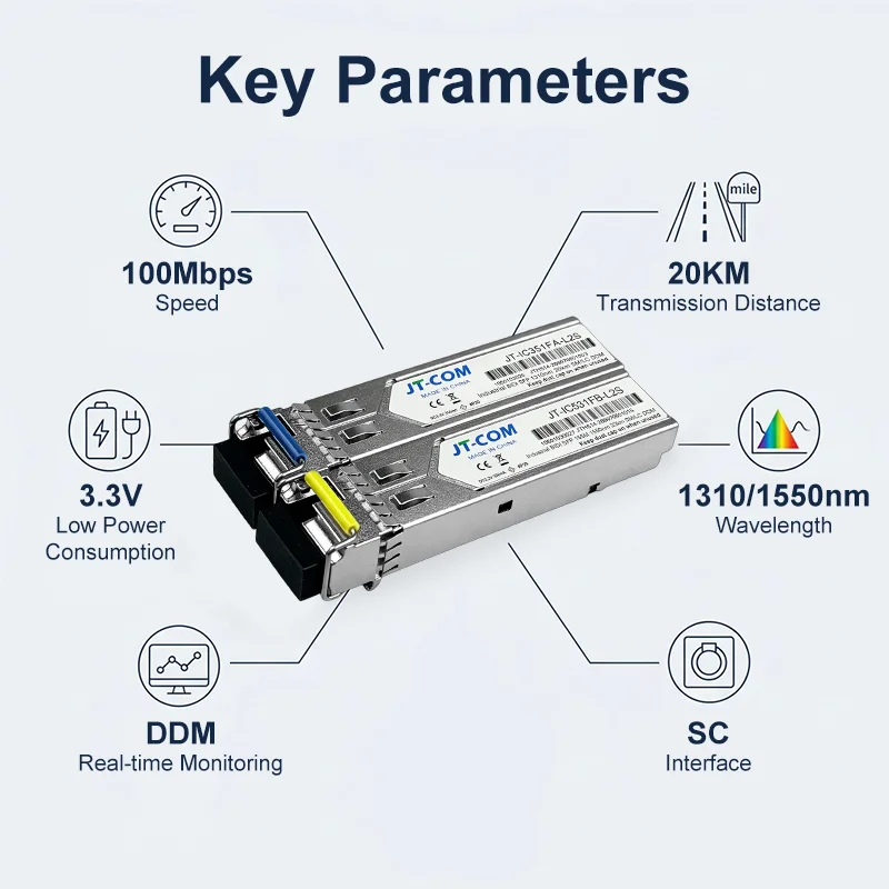 100M BiDi SFP Module Single Mode SC/LC 1310/1550nm 20km Industrial DDM Transceiver for CCTV IP Camera Factory Automation / PLC