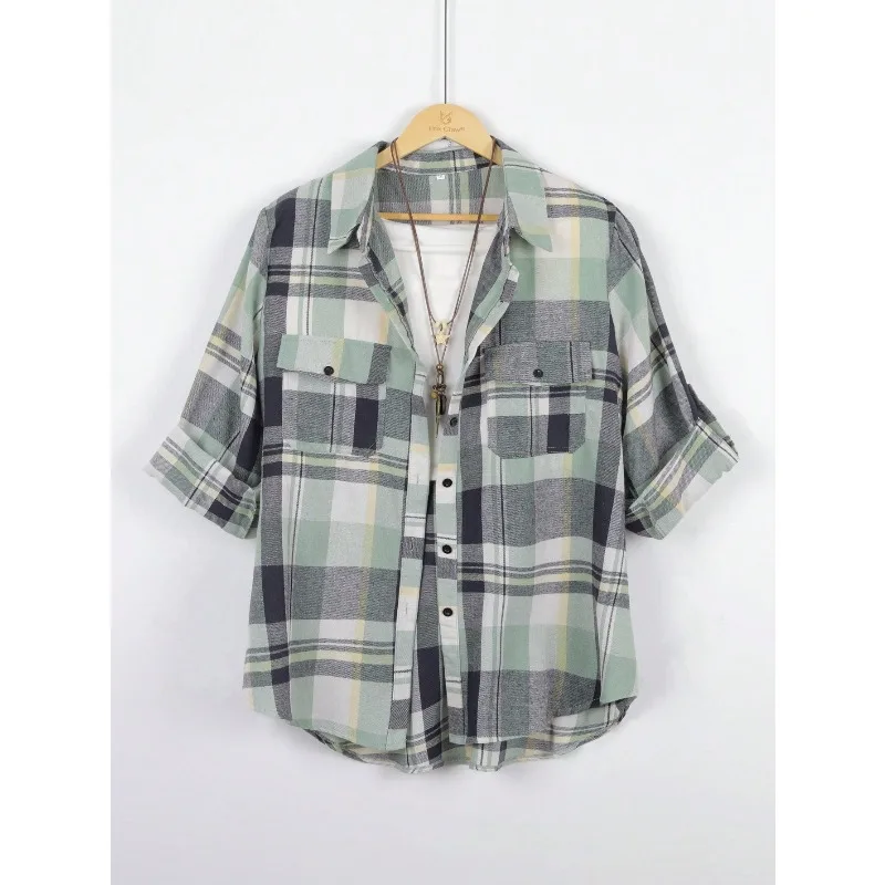 Plus Size New Women Fashion Plaid Printed Shirt Casual Loose Long Sleeved Shirt Lapel Design Shirt Tops