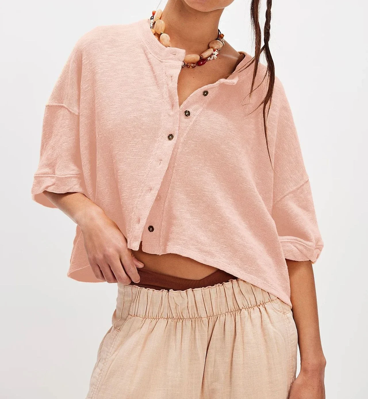 Summer New Loose Casual Knitwear Linen Open Button Top Mid Sleeve Solid Color Women's Clothing