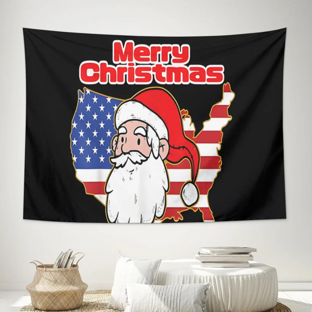 

Merry Christmas America Santa Claus Usa Flag Cartoon Tapestry Wall Hanging Celestial Floral Tapestry