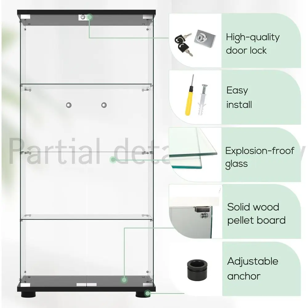 Double Door Lockable Glass Curio Cabinet, 4-Tier, 65H x 32L x 14W, Black for Living Room/Bedroom