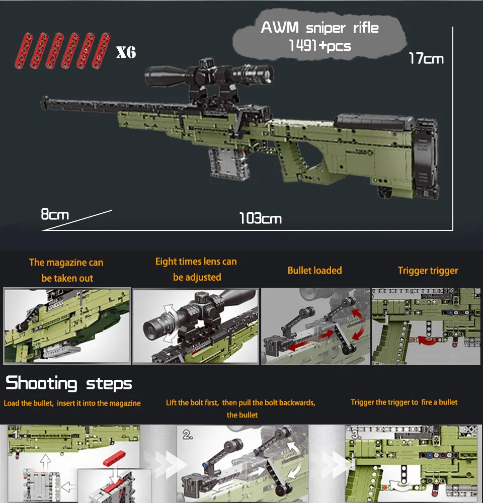 Military Technic Real Weapons AWM Sniper Rifle Bullet Guns Building Blocks Model King Outdoor Games Kids Toys For Boys Gifts