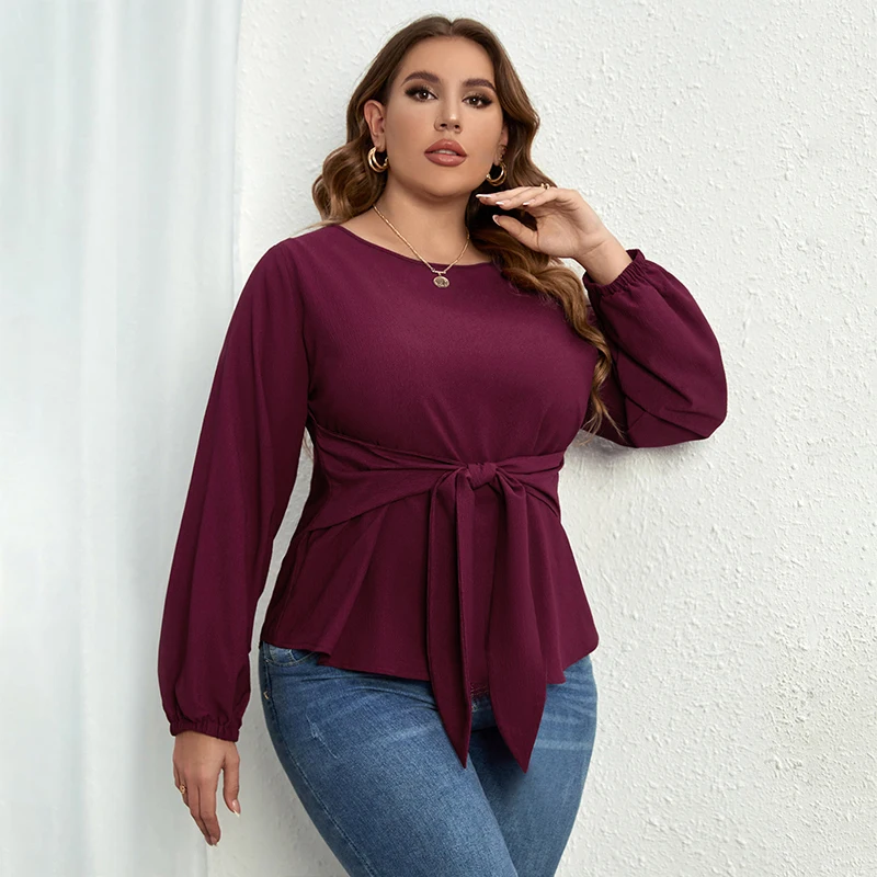 Della Mel-blusa informal de manga larga para mujer, top liso con cuello redondo, talla grande, elegante, a la moda, para oficina