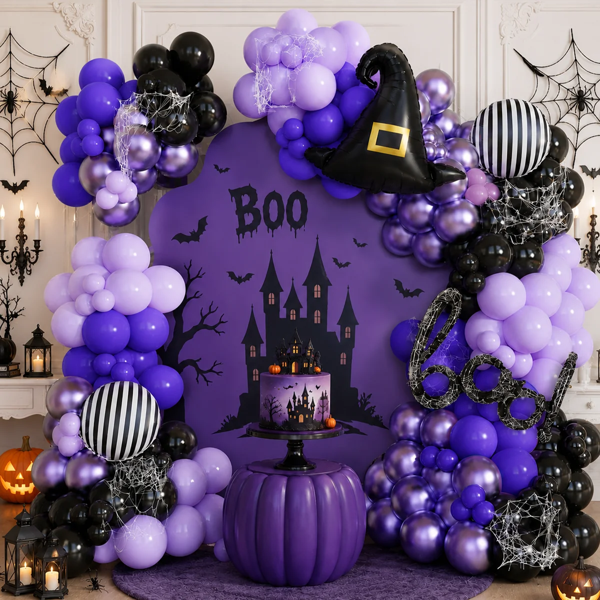 146-teiliges Halloween-Ballon-Girlanden-Set, lila Latex-Hexenhüte-Folienballons für Halloween-Party-Hintergrund, Garten, Bar, Heimdekoration