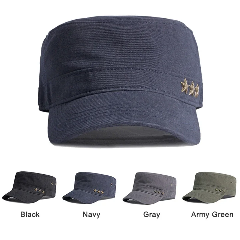 Classic Flat Top Army Caps For Men Gentlemen Cotton Military Hats Women Solid Black Sun Hat Five-Pointed Star Decoration Visor