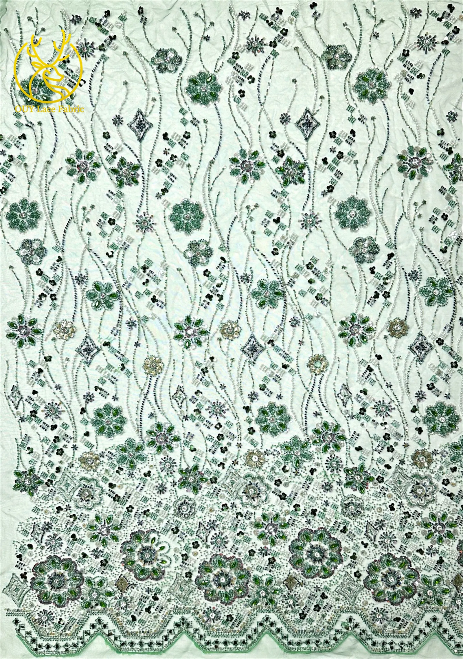 Grüner afrikanischer Stein-Perlen-Spitzenstoff 2026, hochwertiger nigerianischer französischer Tüll-Pailletten-Spitzenstoff, ideal für Brautparty-Dresse – Detail 6