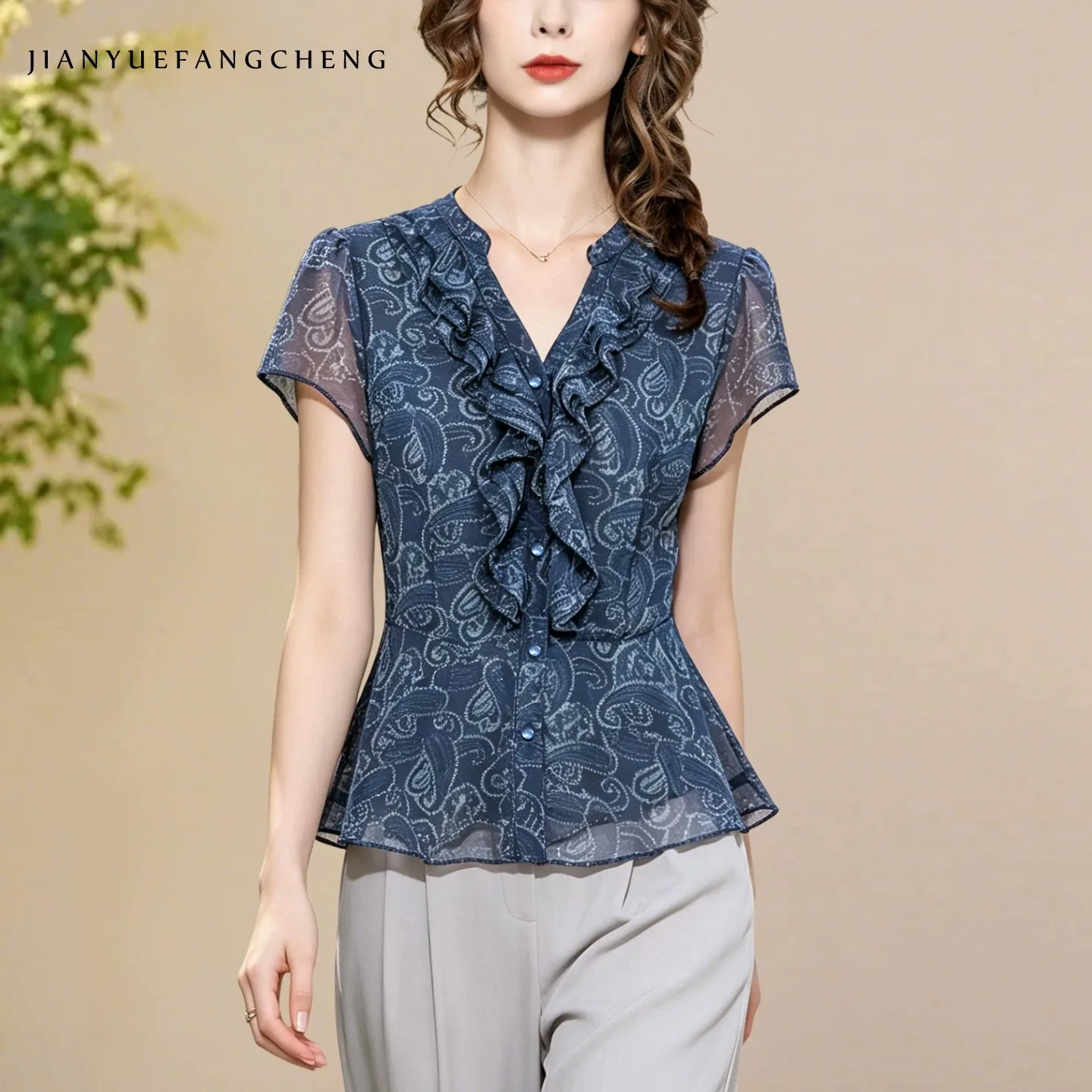 Fashion Paisley Pattern Printed Women' Blue Short Sleeve Chiffon Blouse Ruffled V-neck Summer Top Elegant Slim Casual Shirts