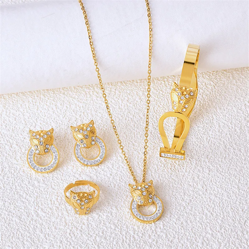 316L Stainless Steel Animal Leopard Head Inlaid Crystal Round Figure Bracelet Necklace Earrings Wedding Jewelry Set