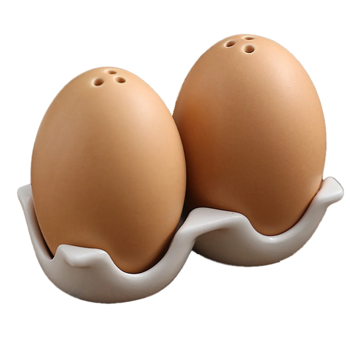 Ceramic Salt and Pepper Shaker Set, Mini Brown Egg Shaped Shakers with Carton Design Holding Stand