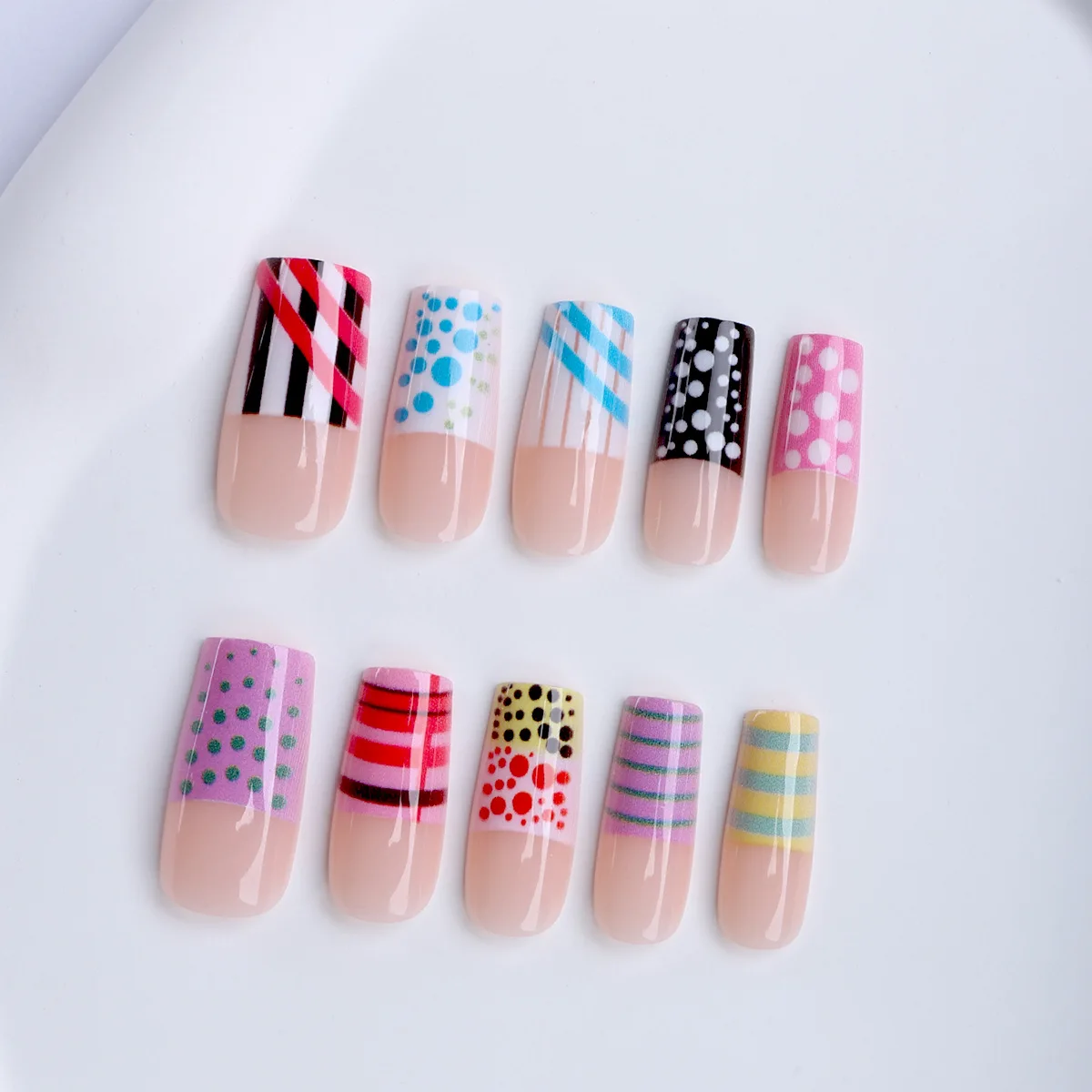24PCS Square Multicolor French Press on Nails Polka Dot Striped Pattern Fake Nail Y2K Funky Style Reusable False Nails for Women