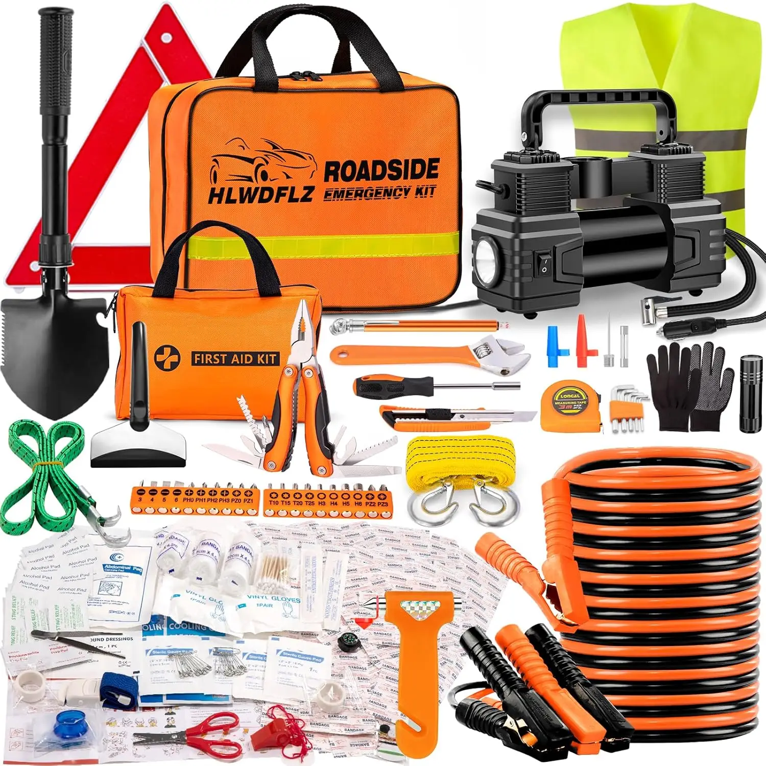 

Car Emergency Kit with Air Compressor, Jumper Cables, First Aid & Tools - Orange
