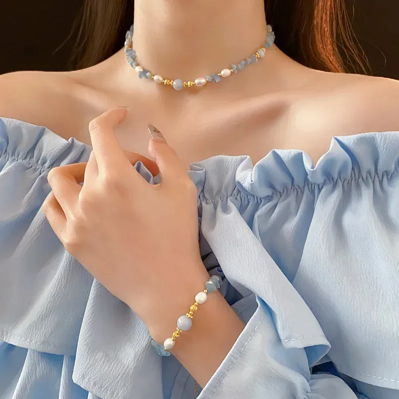 

Vacation Aquamarine Pearl Necklace Fashion Clavicle Chain Fashion Design Necklaces for Women Ornament
