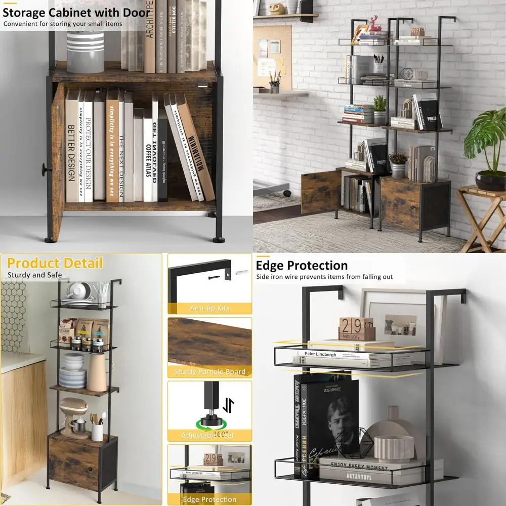 

Ladder Bookshelf,5 Tier Book Shelf with Storage Cabinet,Wall Mounted Industrial Bookcase for Small Space,Metal Frame,Tall Displa